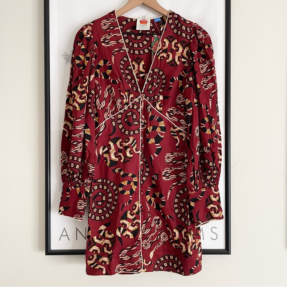 FARM Rio Burgundy Patterned Long Sleeve Mini Dress - Picture 7 of 16